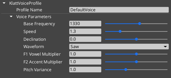 Klatt Voice Profile asset in the O3DE Asset Editor