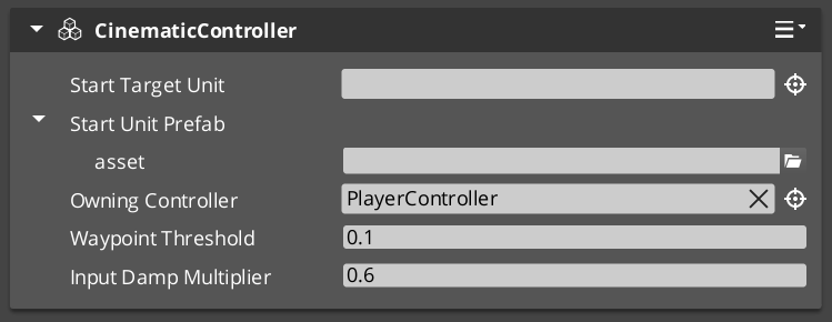 Cinematic Controller component in the O3DE Inspector
