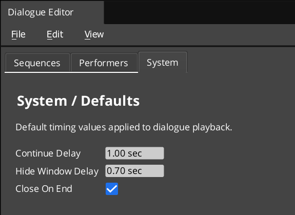 System Page in Dialogue Editor