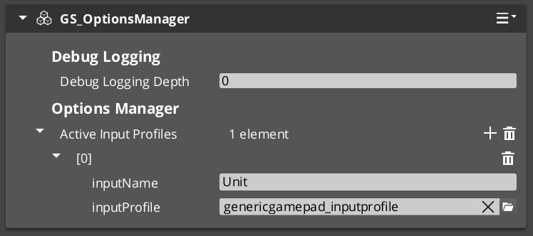 Options Manager component in the O3DE Inspector