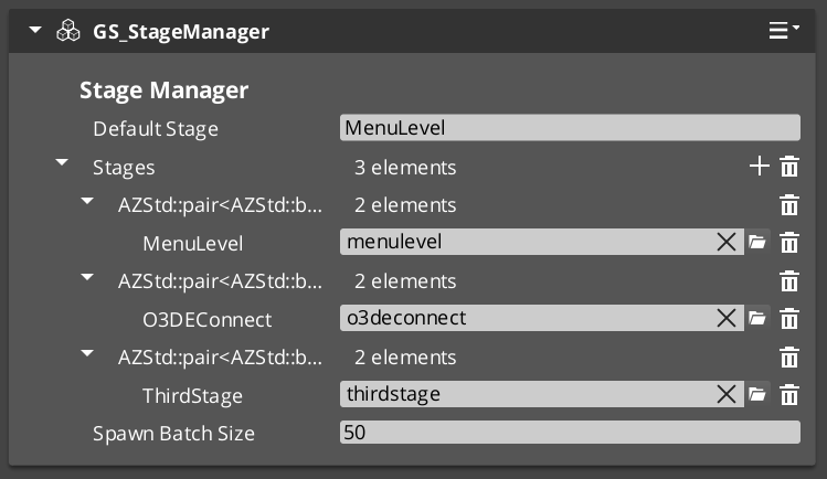 Stage Manager component in the O3DE Inspector