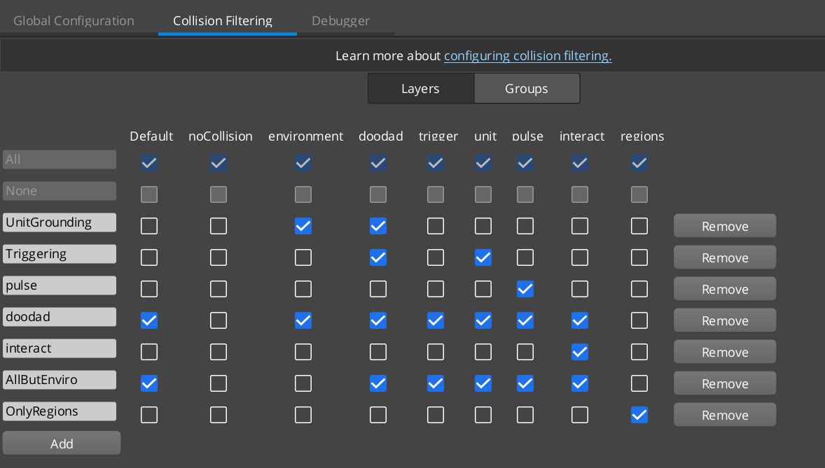 Collision Groups configuration panel