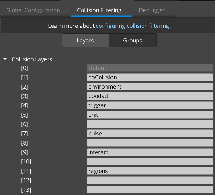 Collision Layers configuration panel