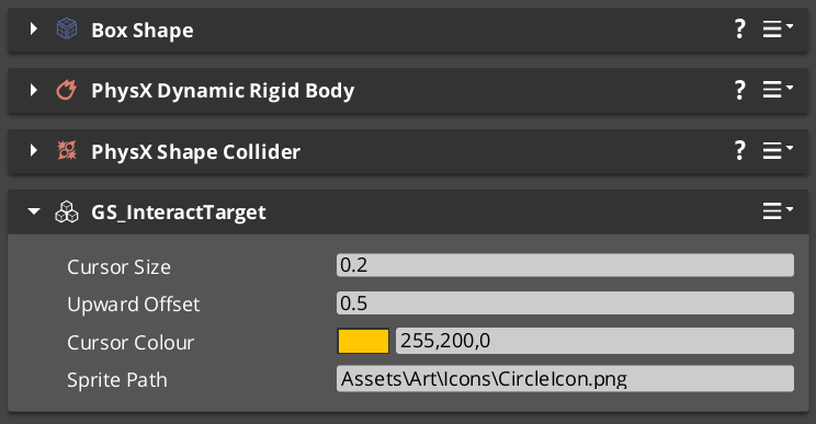 Interact Target component in the O3DE Inspector