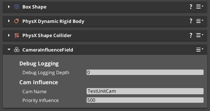 Camera Influence Field component in the O3DE Inspector