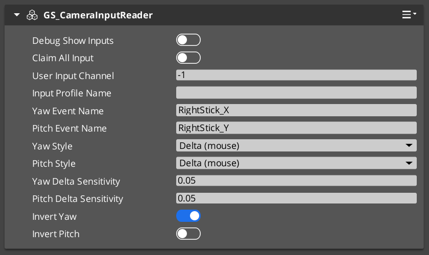 GS_CameraInputReaderComponent in the O3DE Inspector