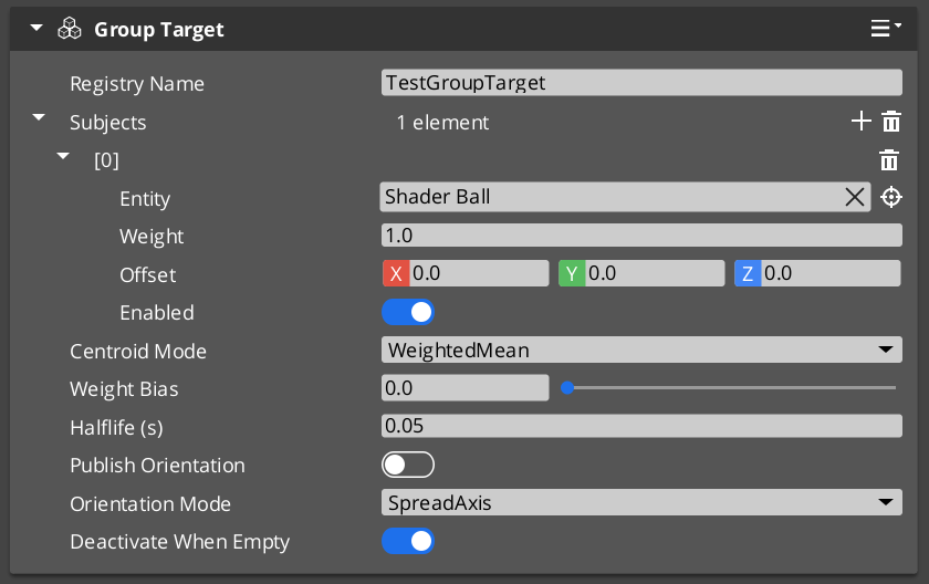 GroupTargetComponent in the O3DE Inspector