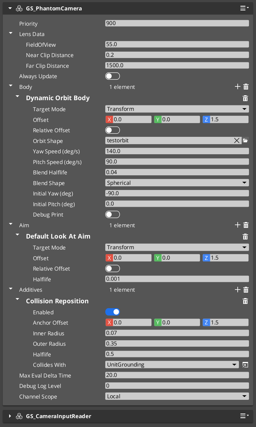 A fully-configured Phantom Camera with body, aim, and additive stages slotted
