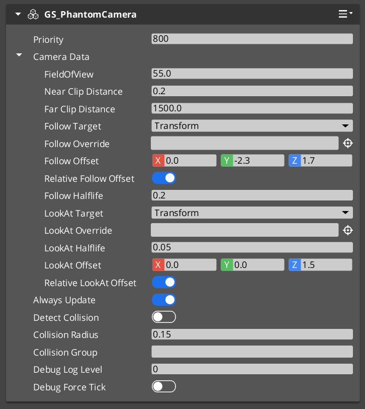 Phantom Camera component in the O3DE Inspector