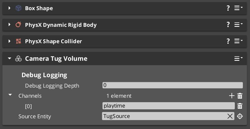 CameraTugVolumeComponent in the O3DE Inspector
