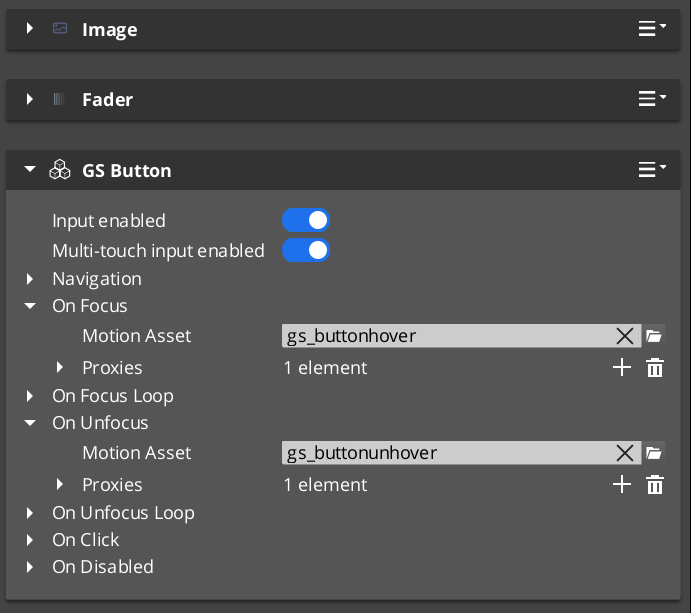 GS_ButtonComponent in the O3DE Inspector