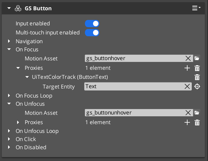 A GS_ButtonComponent configured with a UiAnimationMotion proxy for animation target remapping