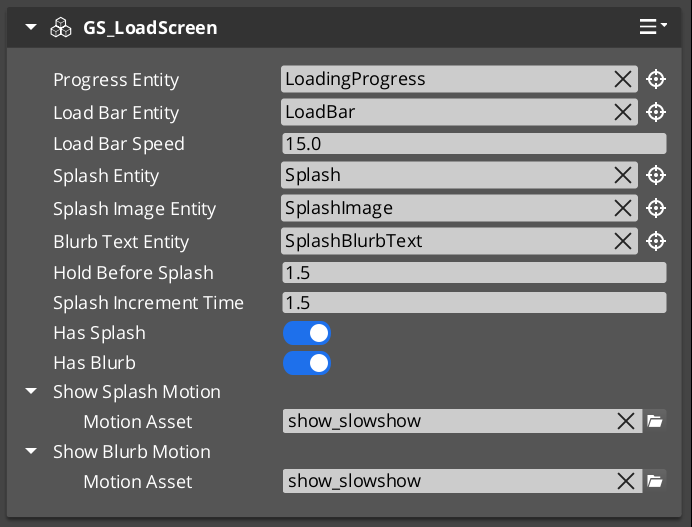 GS_LoadScreenComponent in the O3DE Inspector