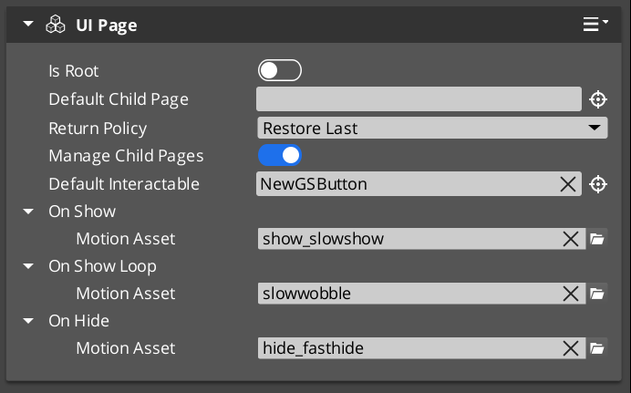 GS_UIPageComponent in the O3DE Inspector