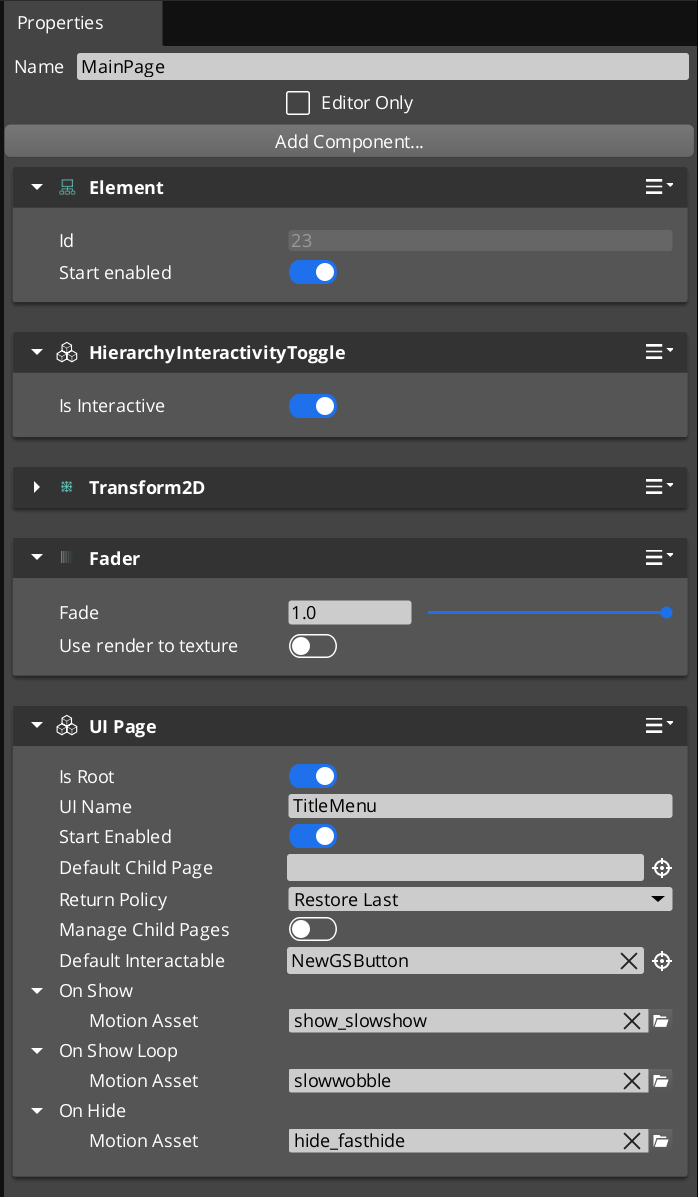 Root Page component showing its dependency components in the O3DE Inspector