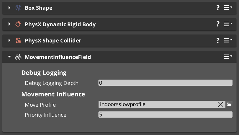 Movement Influence component in the O3DE Inspector