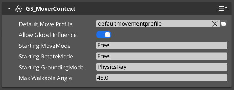 Mover Context component in the O3DE Inspector
